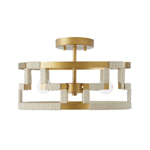 Hala 3 Light 15.25 inch Bleached Natural Jute and Patinaed Brass Semi-Flush Mount Ceiling Light, Convertible Dual Mount