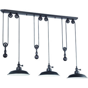 Jeremiah 3 Light 12 inch Aged Bronze Brushed Pulley Pendant Ceiling Light, Canopy is   48" left to right to right and fron to back is 4.75"