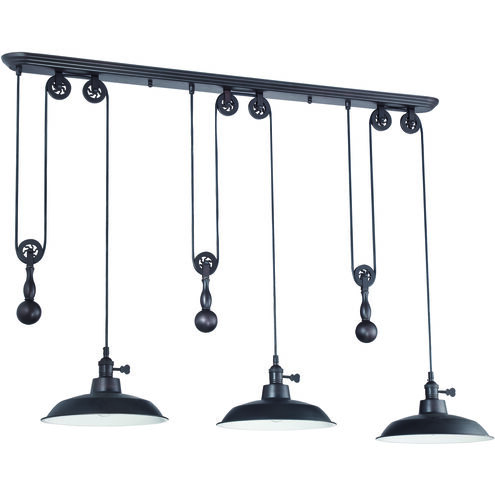 Jeremiah 3 Light 12 inch Aged Bronze Brushed Pulley Pendant Ceiling Light, Canopy is 48" left to right to right and fron to back is 4.75"
