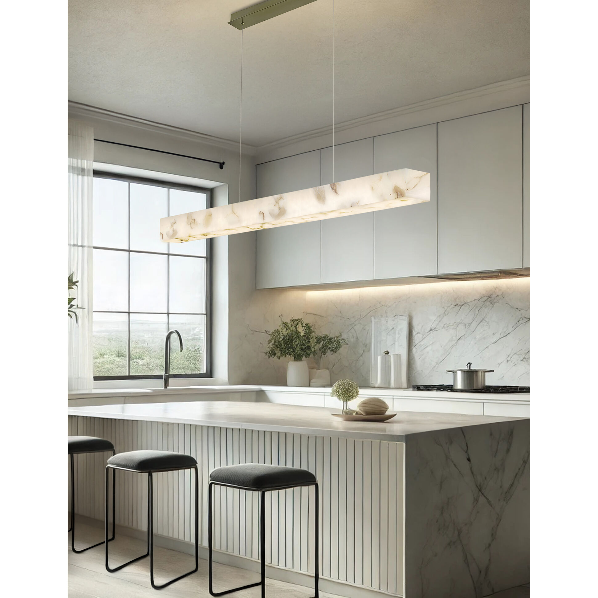 LumenAria LED 48 inch Brushed Brass Linear Pendant Ceiling Light in Alabaster Rocks