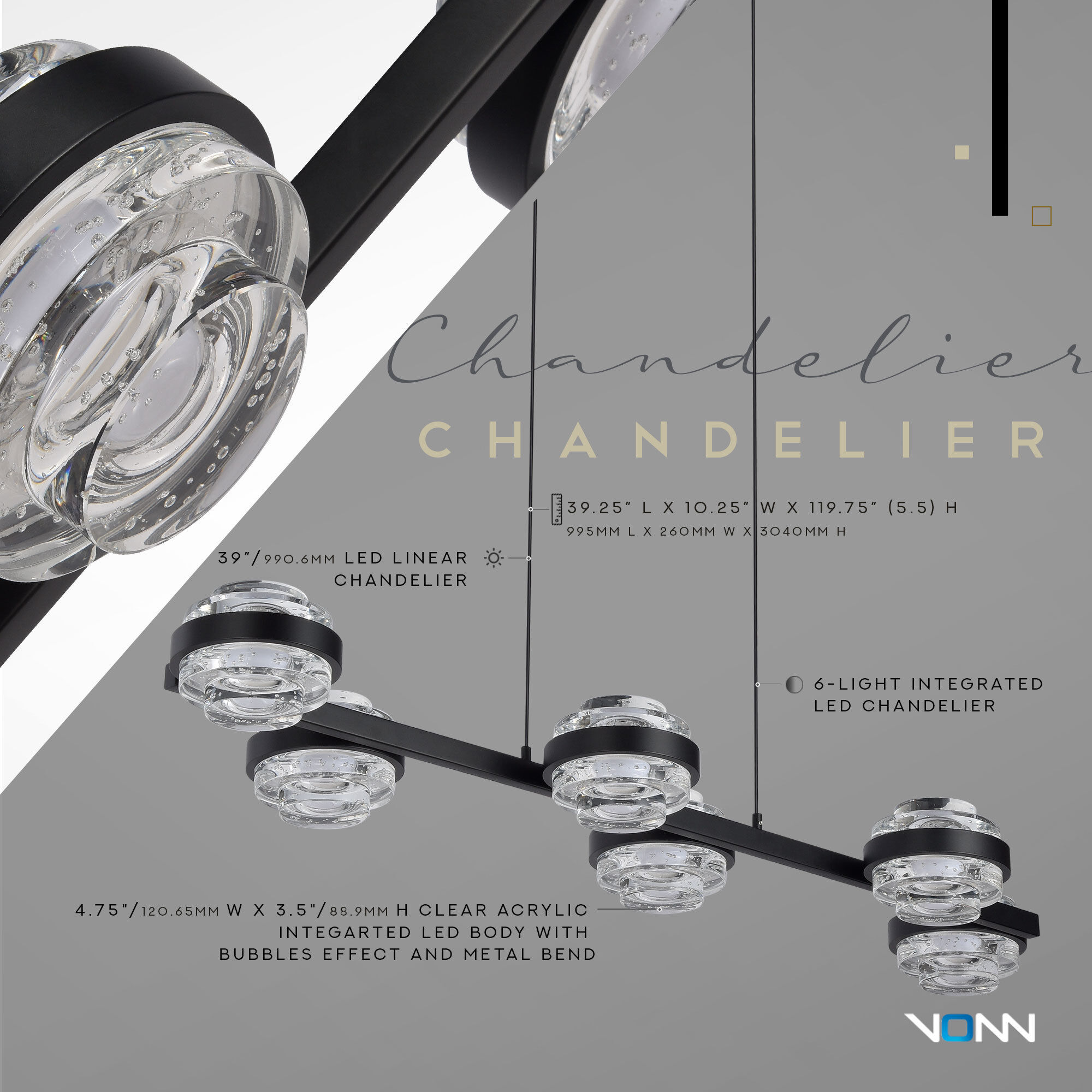 Milano Series Linear Chandelier Ceiling Light in Black, Artisan Collection