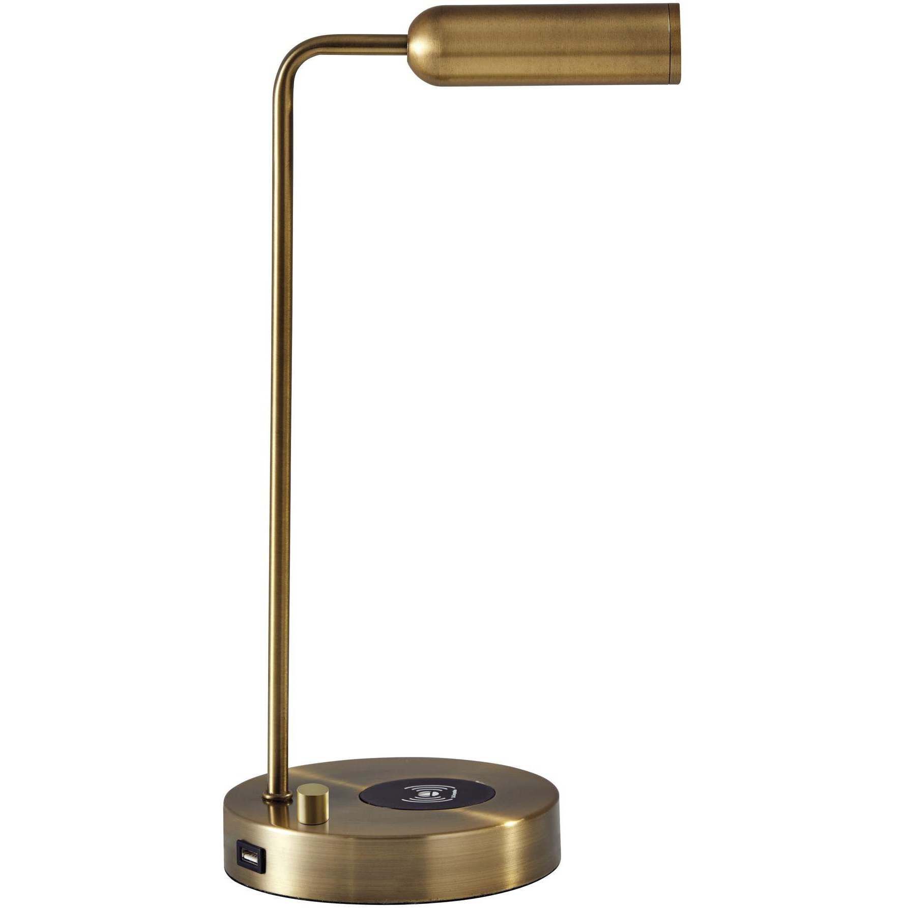 Kaye 17 inch 5.00 watt Antique Brass Desk Lamp Portable Light, with AdessoCharge Wireless Charging Pad and USB Port