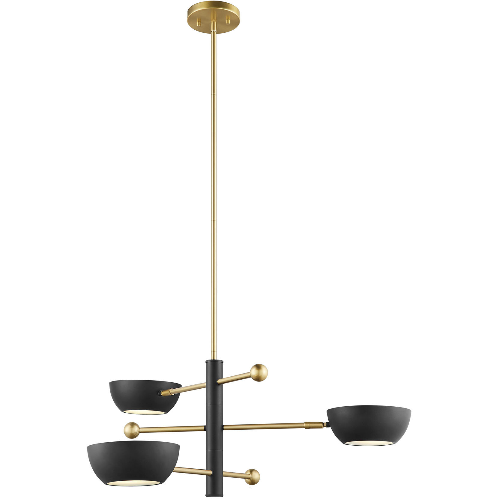 Contemporary 3 Light 33.75 inch Matte Black with Natural Brass Chandelier Ceiling Light