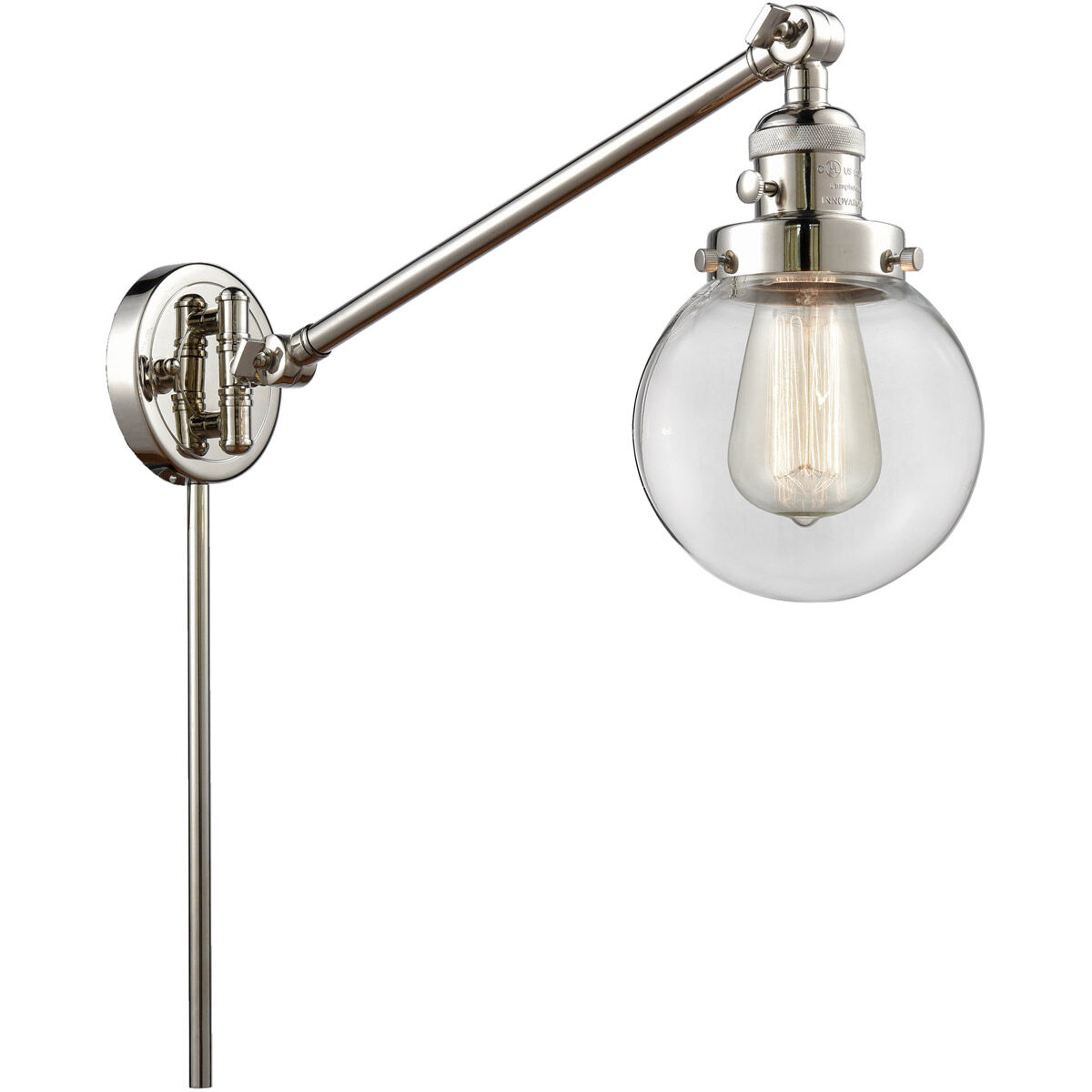 Beacon 21 inch 100 watt Polished Nickel Swing Arm Wall Light in Clear Glass, Franklin Restoration