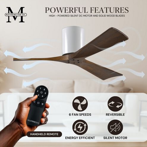 Atlas Irene-3H 52 inch Gloss White with Walnut Tone Blades Ceiling Mount Paddle Fan, Flush Mounted