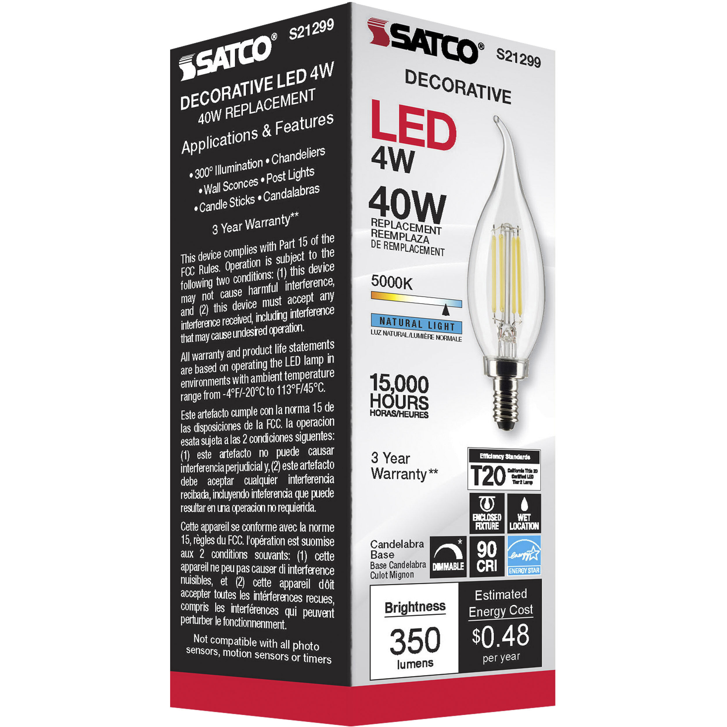Satco S21299 4W CA10 Clear LED Bulb 5000K