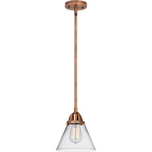 Nouveau 2 Large Cone LED 8 inch Antique Copper Mini Pendant Ceiling Light in Clear Glass