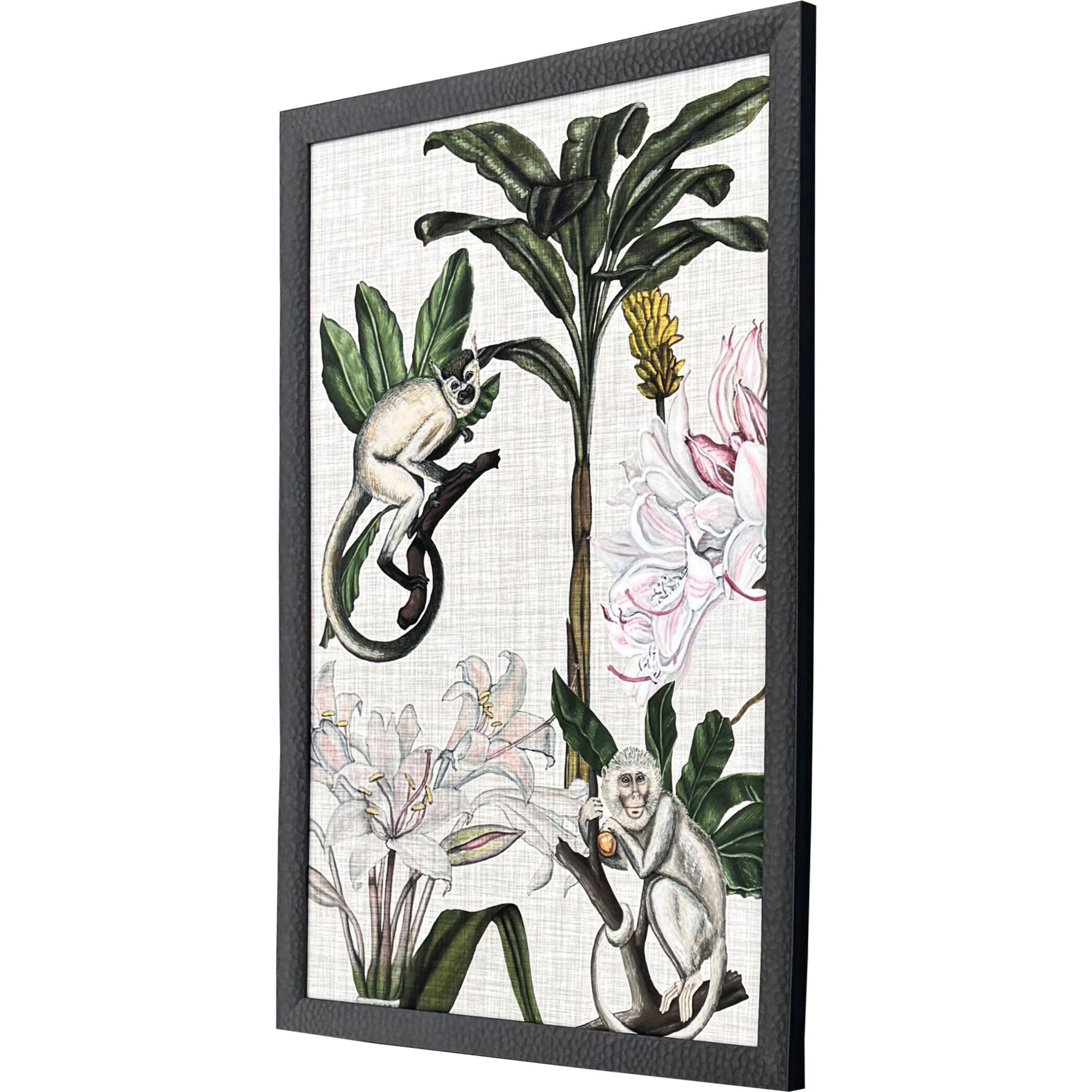 Monkey on Linen Green and Beige and Multi and Pink Framed Art