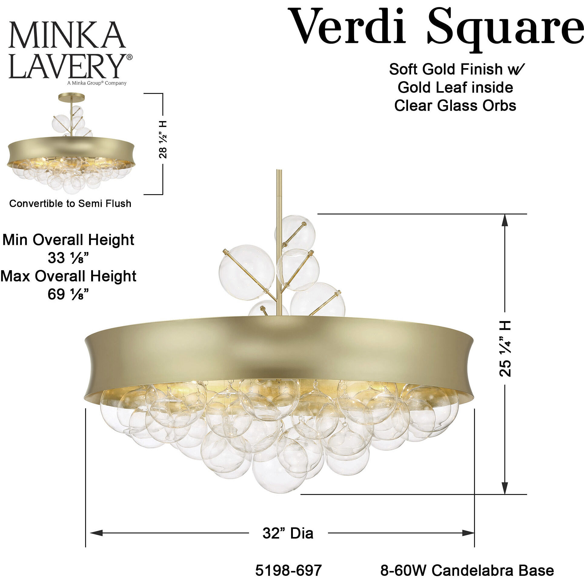 Verdi Square 8 Light 32 inch Soft Gold With Gold Leaf Convertible Pendant Ceiling Light