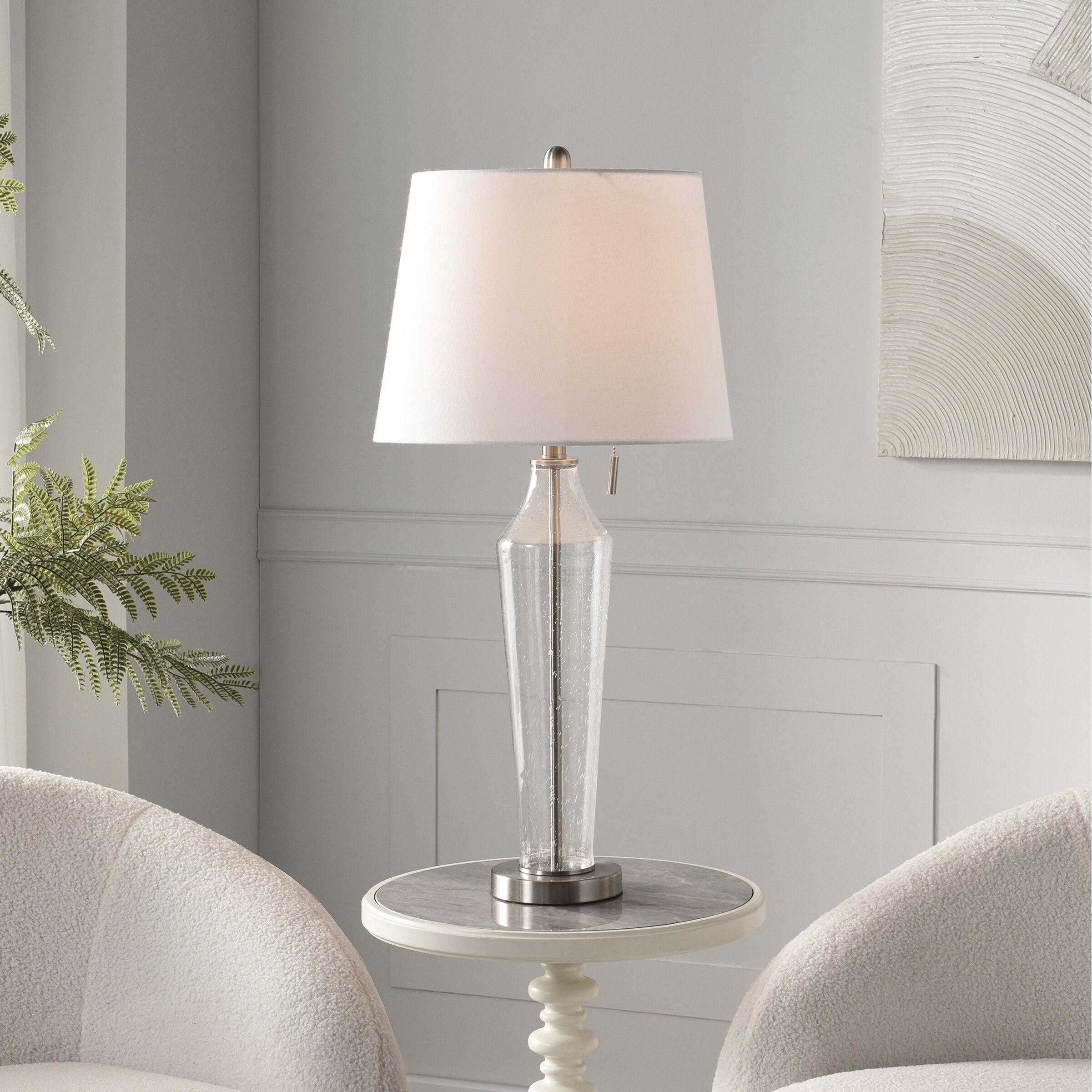 Cameron 31.5 inch 100 watt Clear Seeded and Brushed Steel and White Table Lamp Portable Light