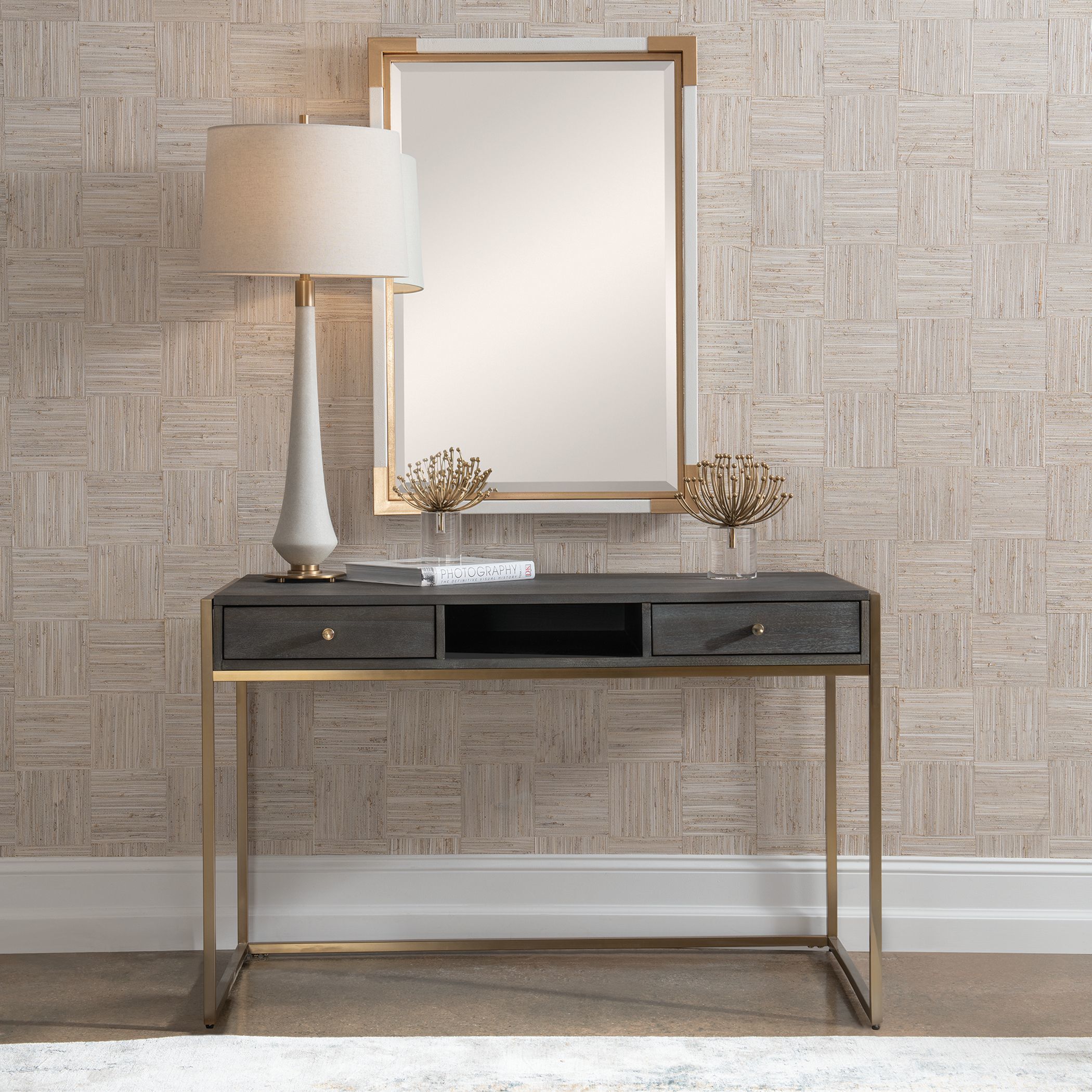 Taja 48 inch Brushed Brass and Dark Walnut Writing Desk