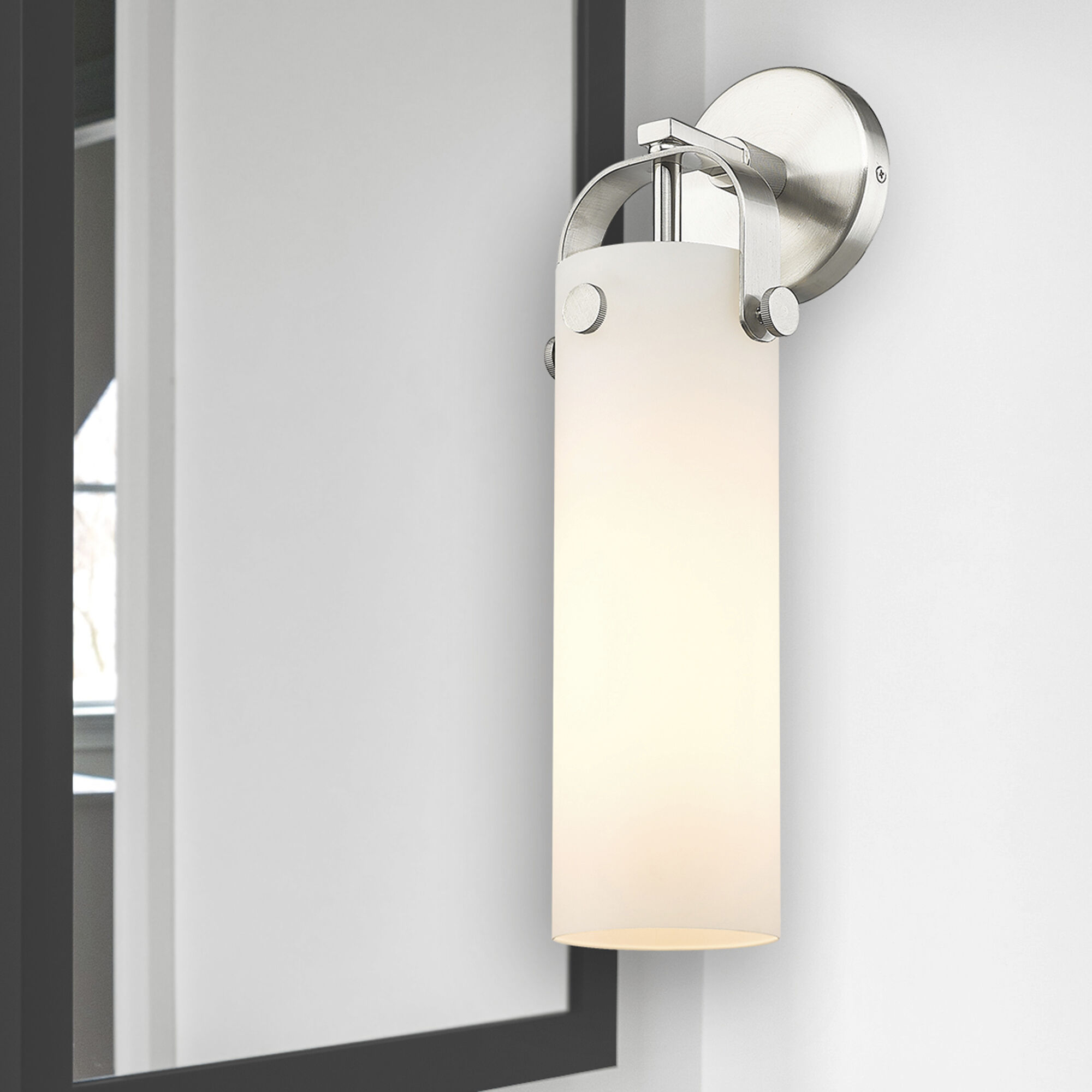 Downtown Urban Pilaster Armed Sconce Wall Light in Satin Nickel, Matte White