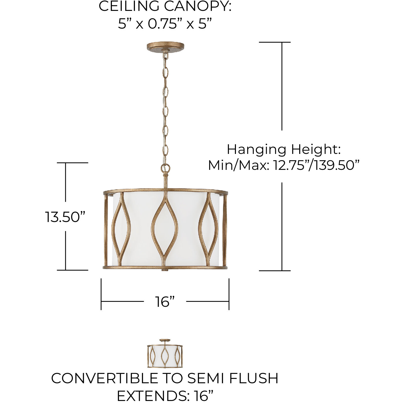 Cohen 3 Light 16 inch Mystic Luster Semi-Flush Ceiling Light, Convertible Dual Mount