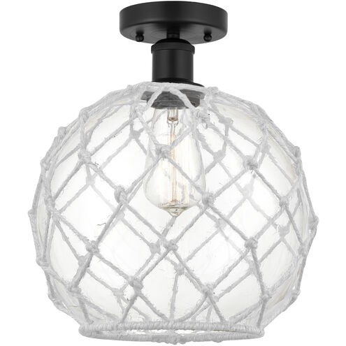 Edison Farmhouse Rope 1 Light 10 inch Matte Black Semi-Flush Mount Ceiling Light in Clear Glass with White Rope