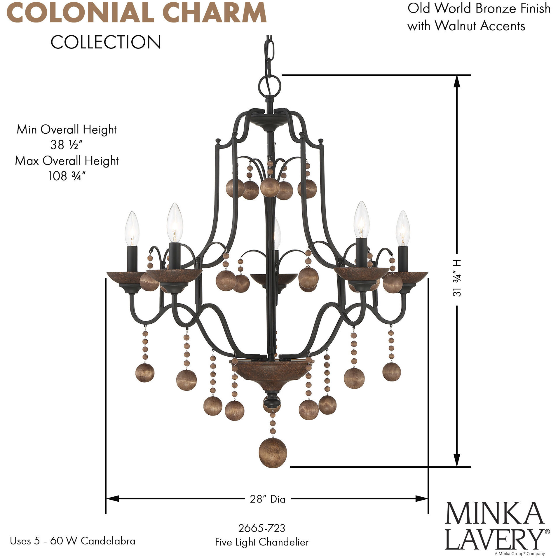 Colonial Charm 5 Light 28 inch Old World Bronze/Walnut Accents Chandelier Ceiling Light