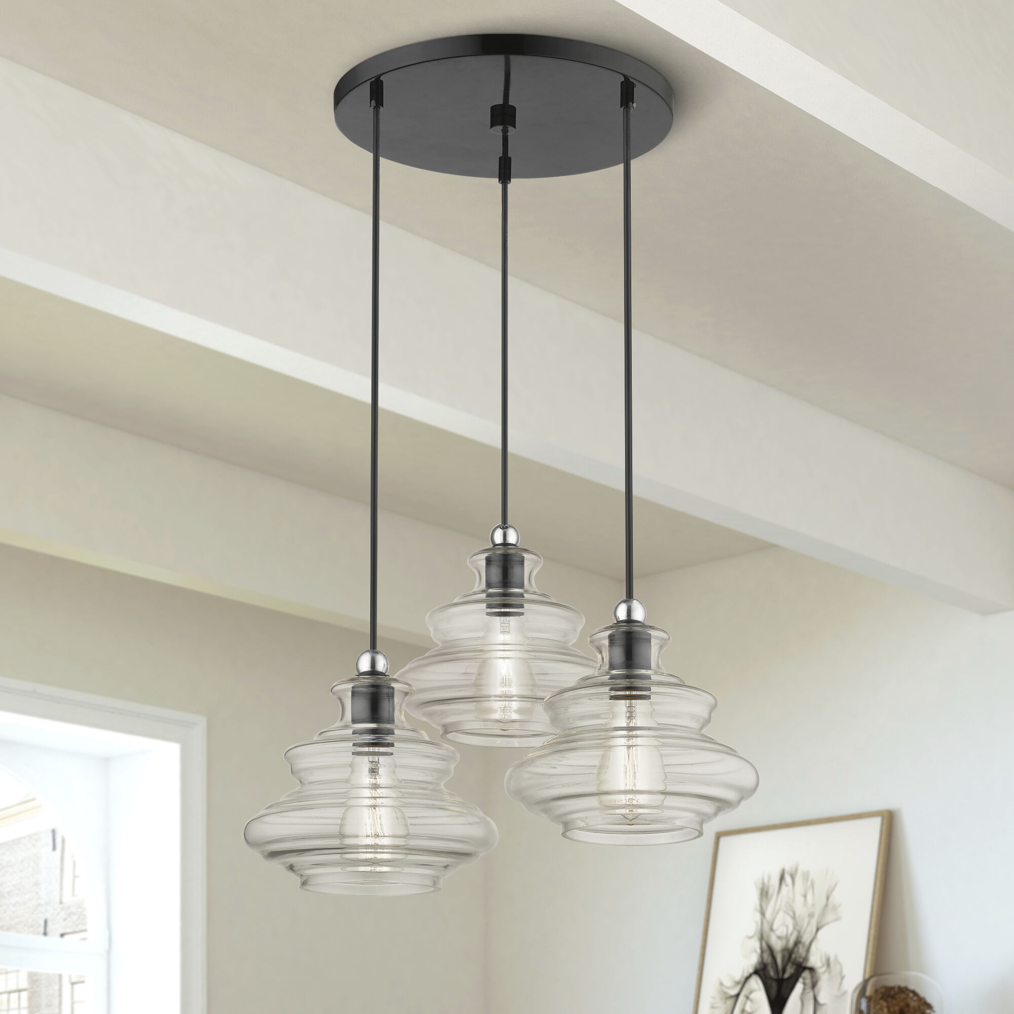 Everett 3 Light 20 inch Shiny Black with Chrome Finish Accents Pendant Chandelier Ceiling Light