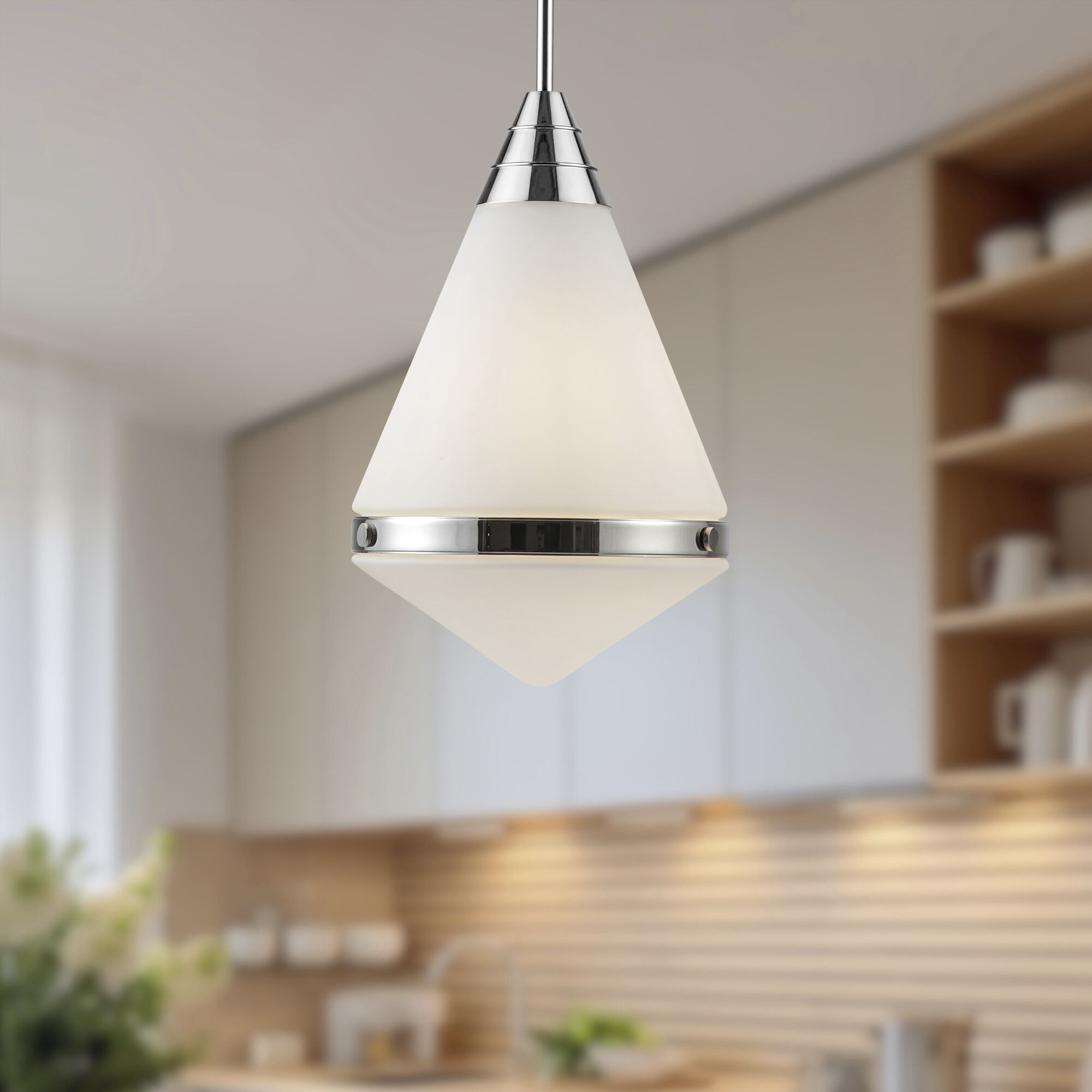 Willard Pendant Ceiling Light in Polished Nickel, Matte Opal Glass