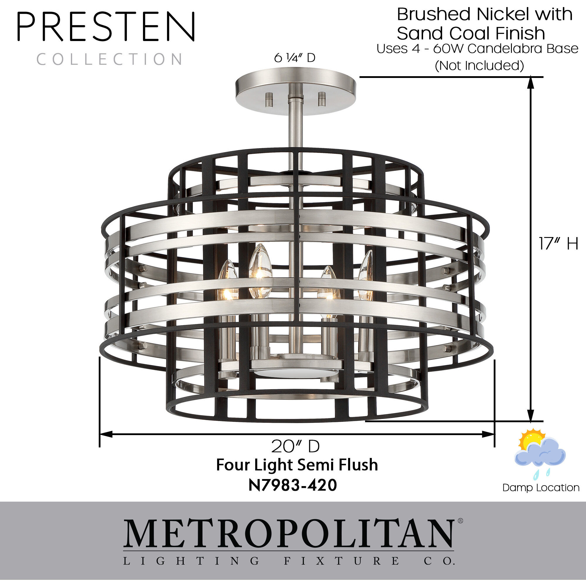 Presten 4 Light 20 inch Brushed Nickel with Sand Coal Semi Flush Ceiling Light
