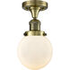 Franklin Restoration Beacon 1 Light 6 inch Antique Brass Semi-Flush Mount Ceiling Light in Incandescent, Matte White Glass, Franklin Restoration