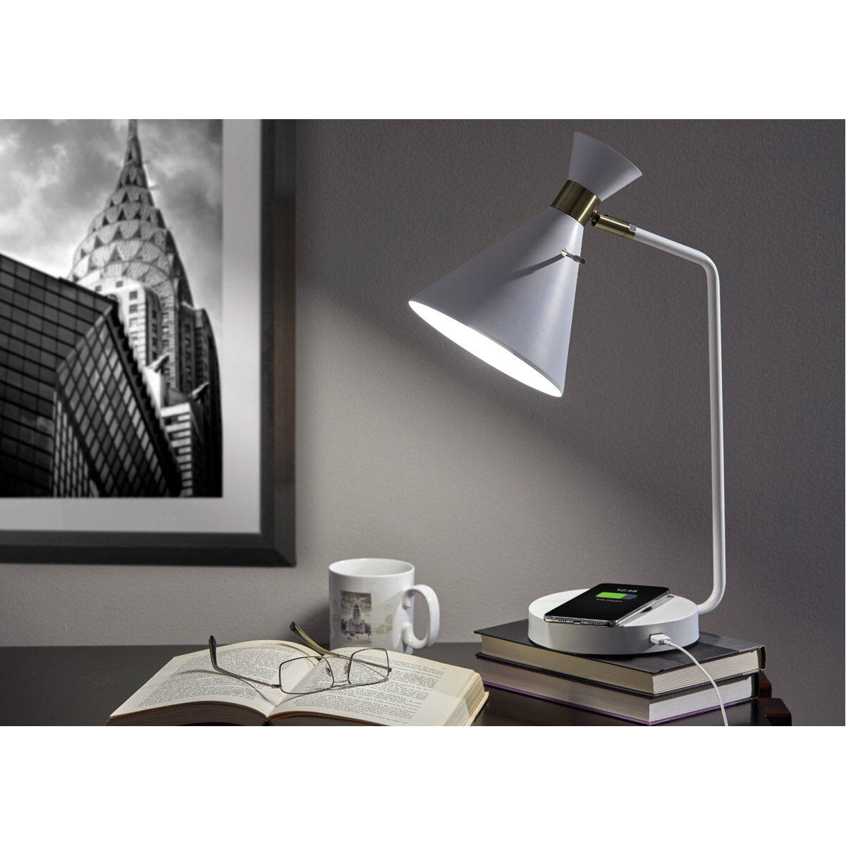 Maxine 19 inch 60 watt Matte White with Antique Brass Accents Table Lamp Portable Light, with AdessoCharge Wireless Charging Pad and USB Port