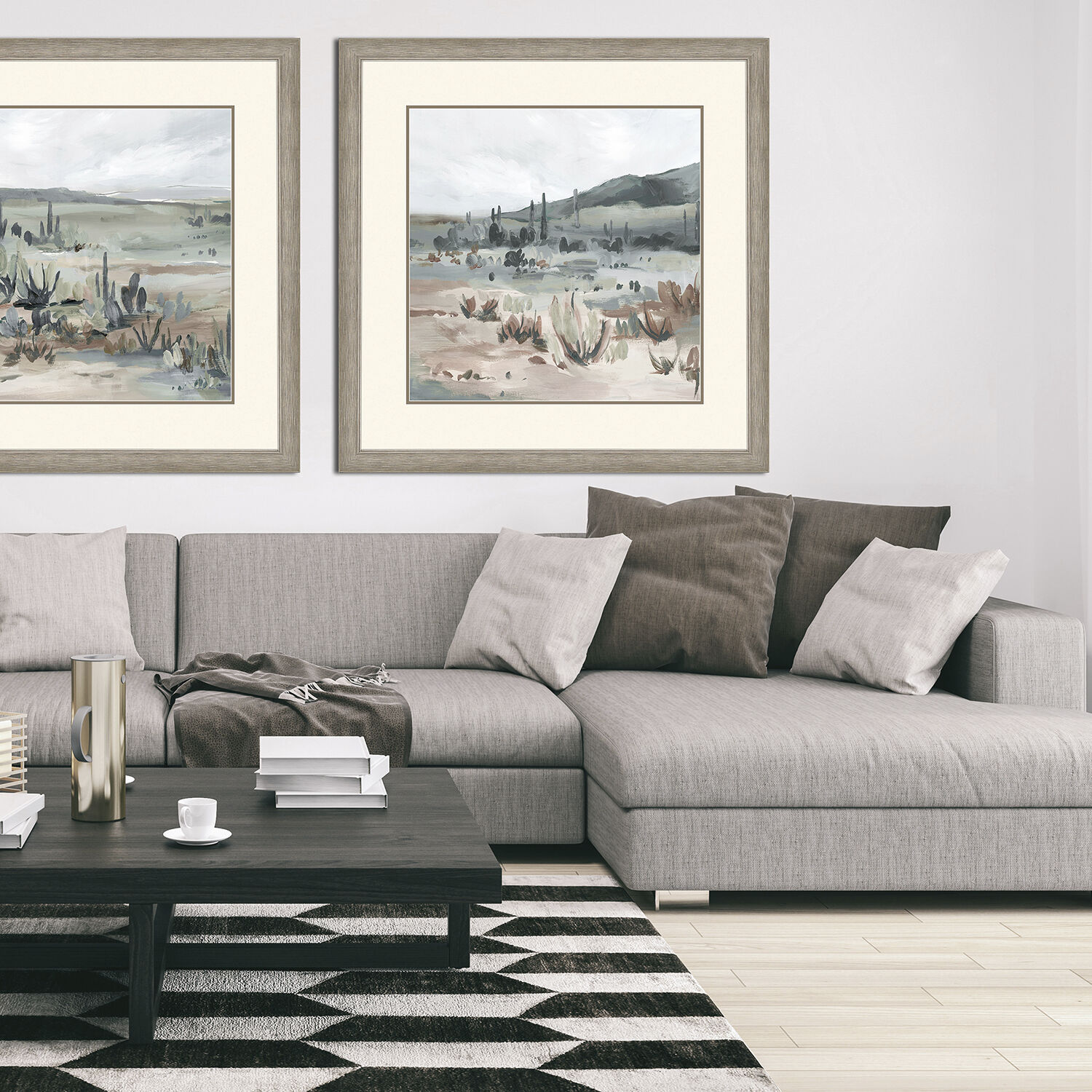 Blue Cactus Field Gray and Beige and Blue and Green Framed Art