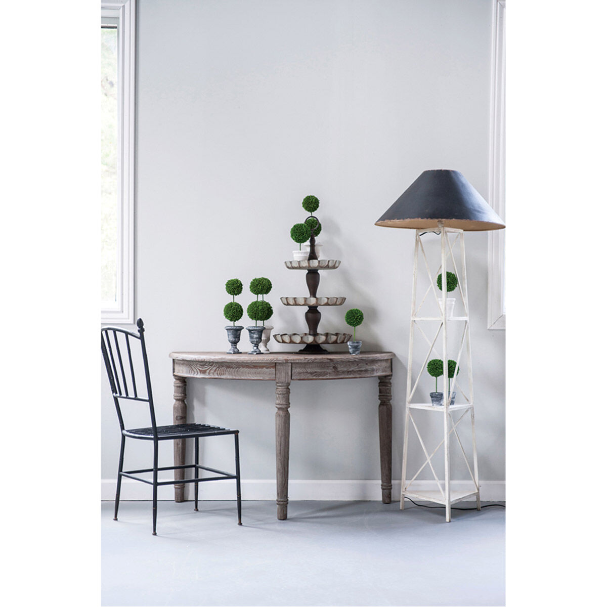 Faux Topiary Green, Weathered Black Topiaries