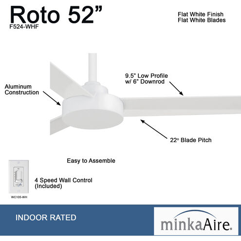 Roto 52 inch Flat White Ceiling Fan