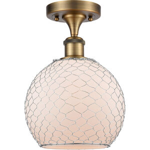 Ballston Farmhouse Chicken Wire LED 8 inch Brushed Brass Semi-Flush Mount Ceiling Light in White Glass with Nickel Wire, Ballston