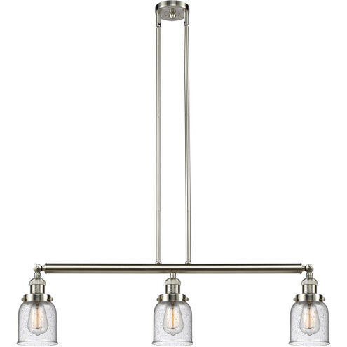 Franklin Restoration Small Bell 3 Light 38 inch Brushed Satin Nickel Island Light Ceiling Light in Seedy Glass, Franklin Restoration