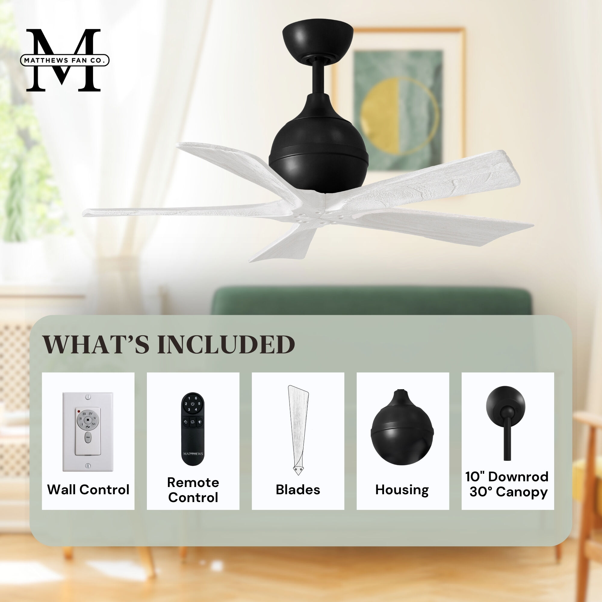 Atlas Irene-5 42 inch Matte Black with Matte White Blades Paddle Fan, Atlas