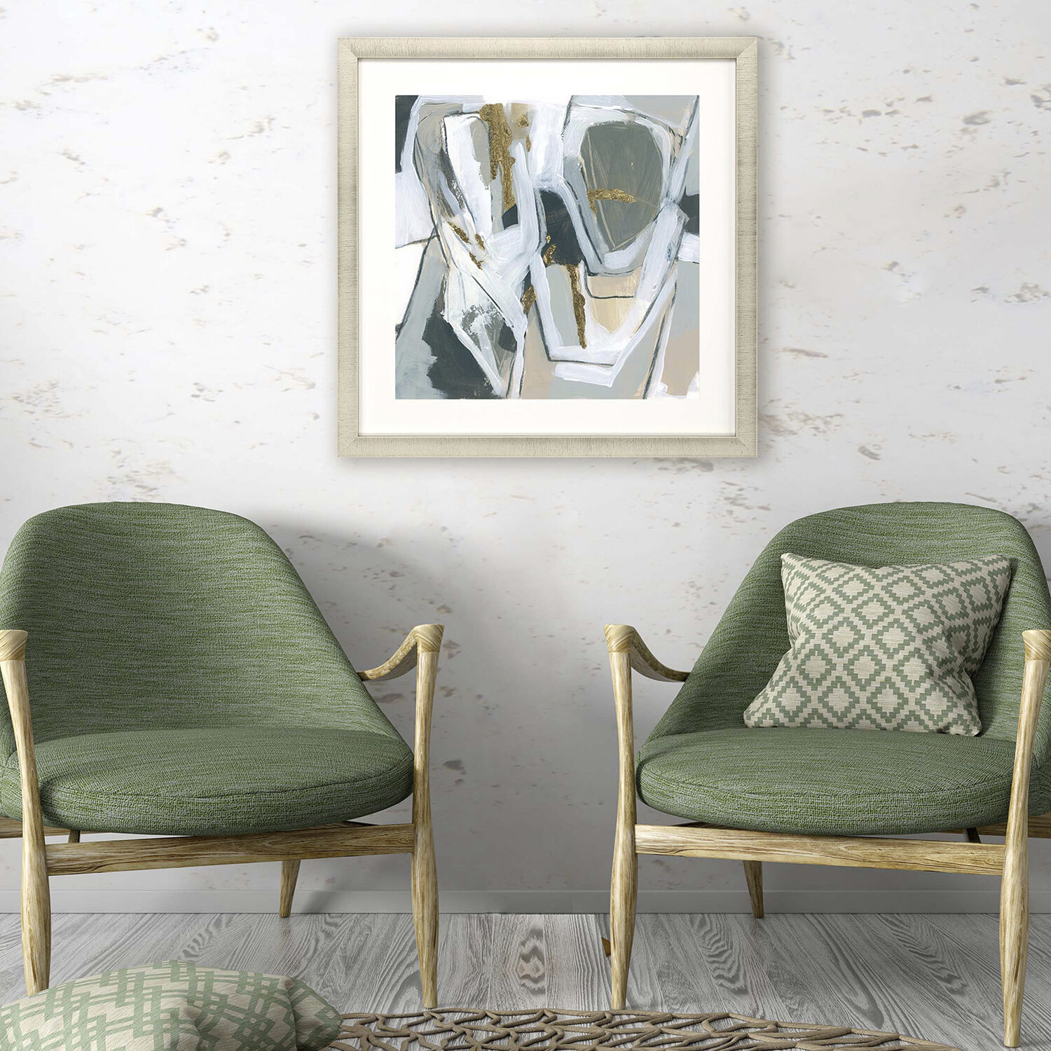 Neutral Echoes Green and Metallic and White and Neutral Framed Art
