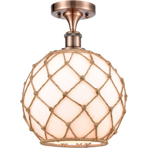 Ballston Large Farmhouse Rope LED 10 inch Antique Copper Semi-Flush Mount Ceiling Light in White Glass with Brown Rope, Ballston