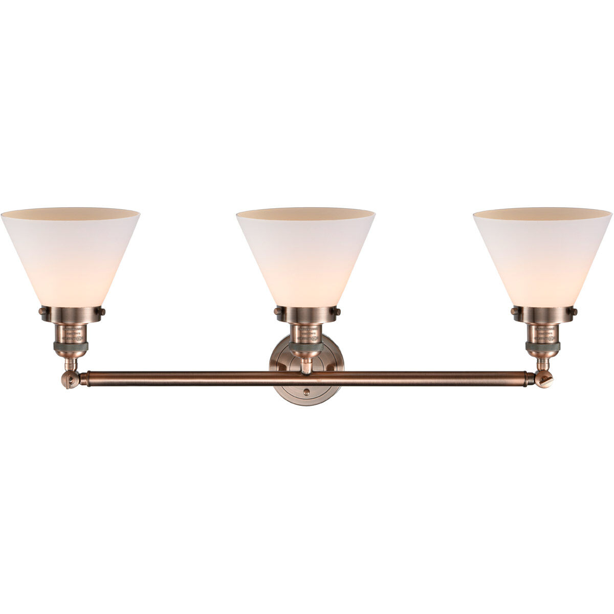 Franklin Restoration Large Cone 3 Light 32 inch Antique Copper Bath Vanity Light Wall Light in Matte White Glass, Franklin Restoration
