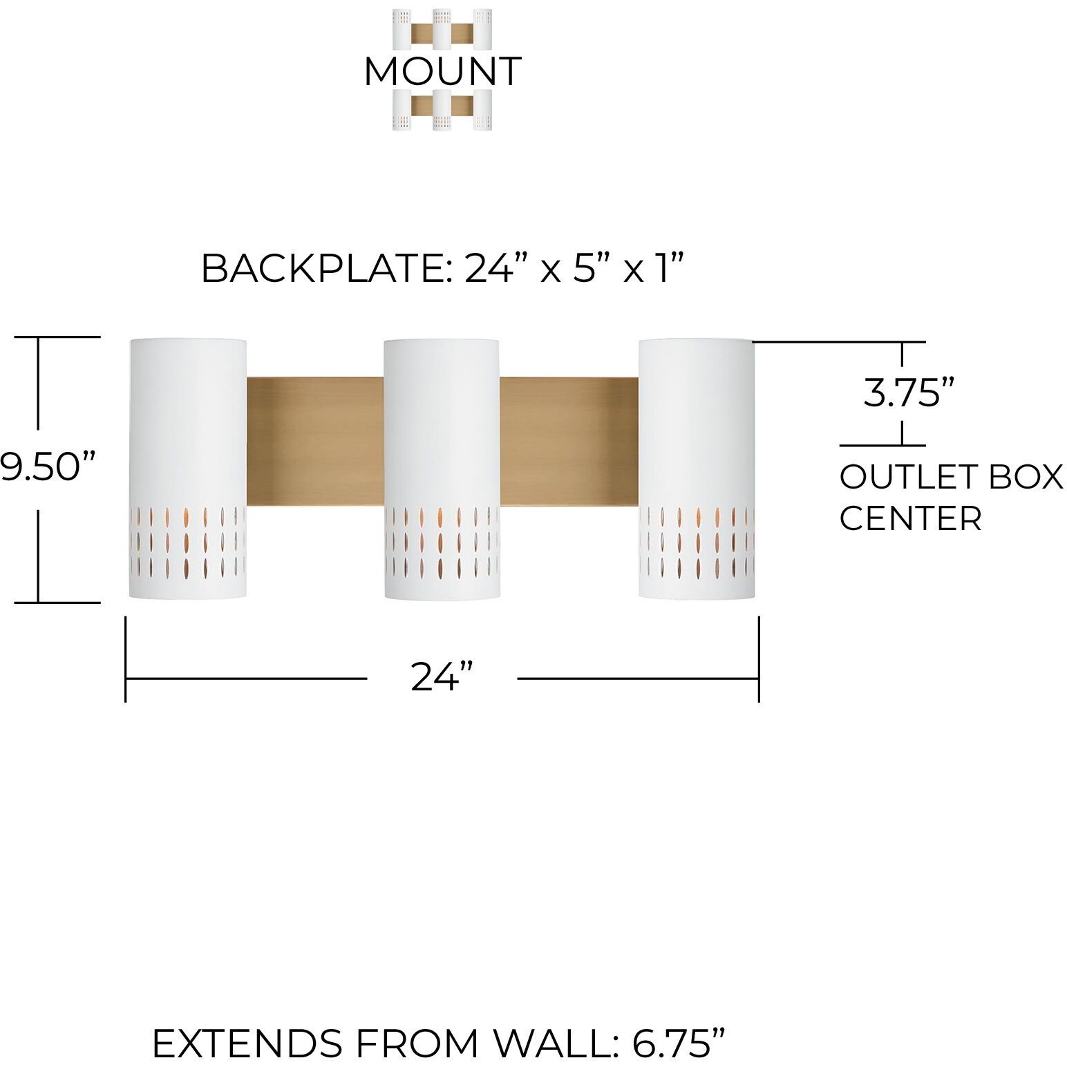 Dash 3 Light 24 inch Aged Brass and White Vanity Light Wall Light