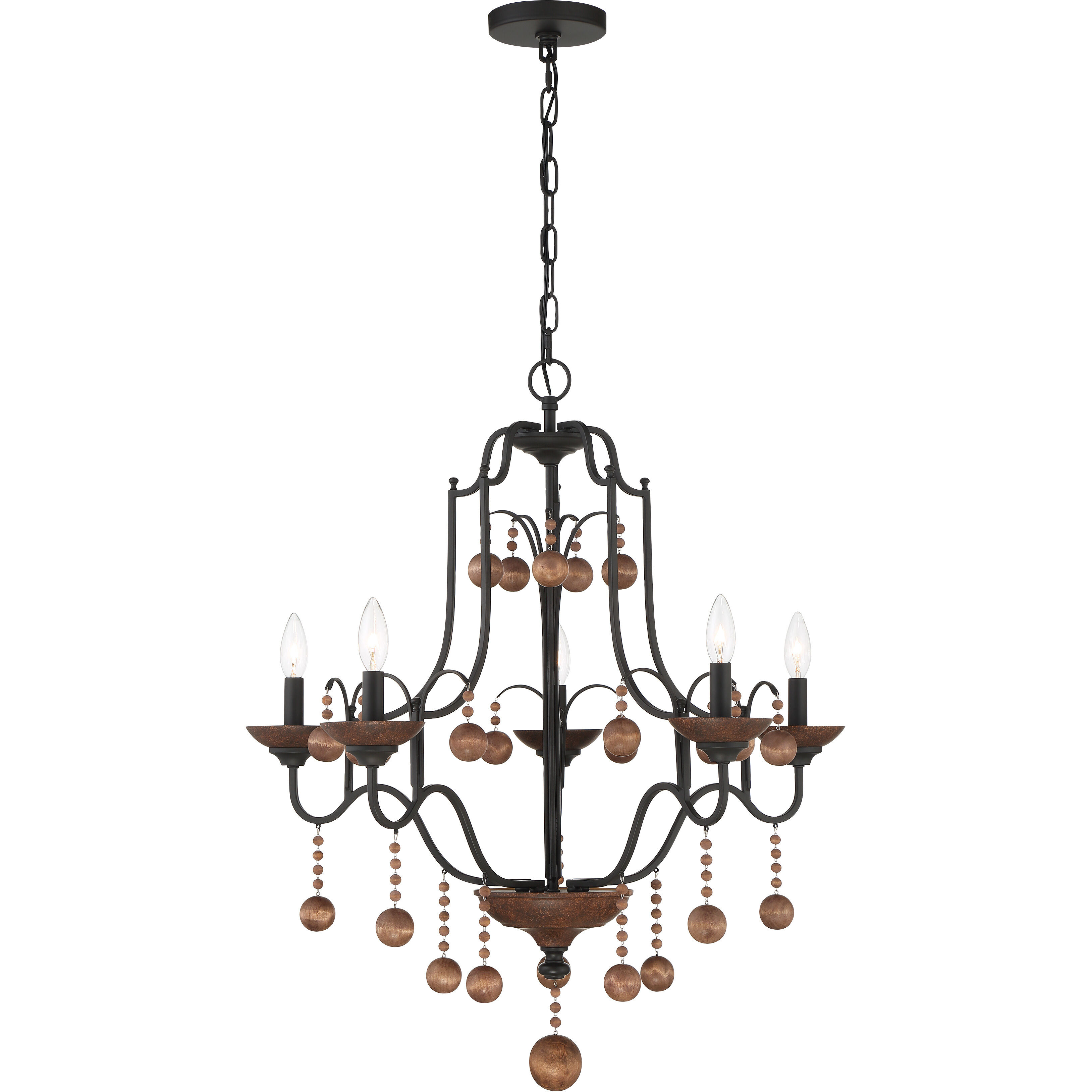 Colonial Charm 5 Light 28 inch Old World Bronze/Walnut Accents Chandelier Ceiling Light