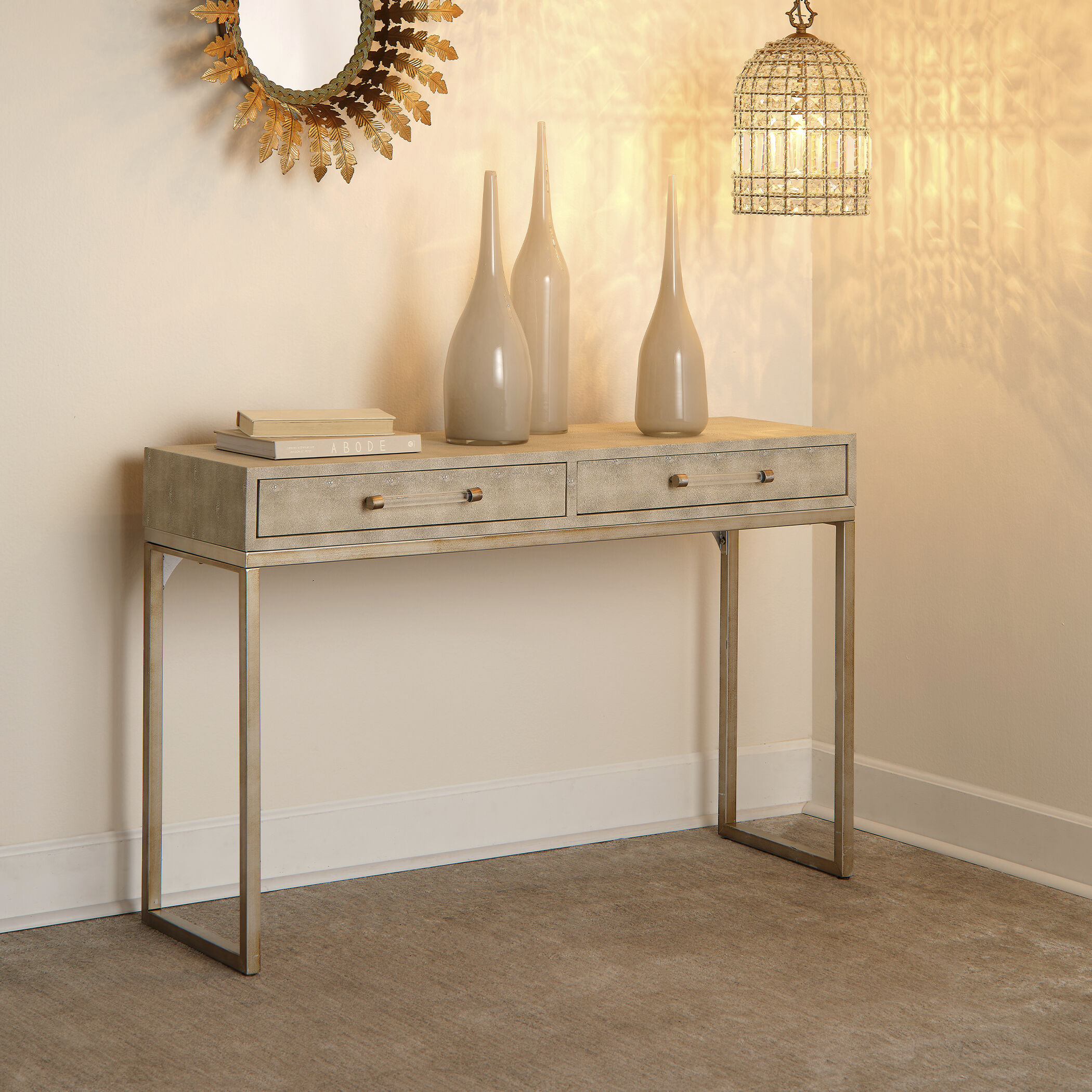 Kain 48 X 16 inch Ivory Faux Shagreen and Antique Brass Metal Console
