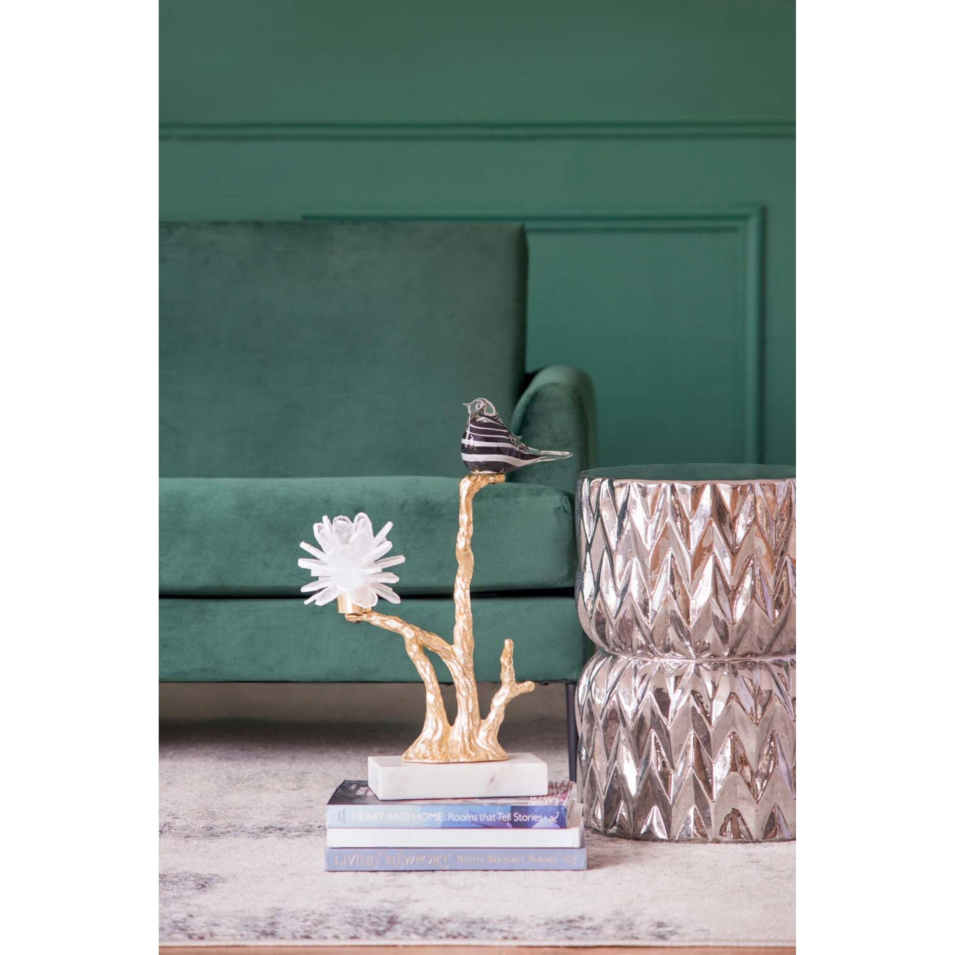 Sitting Bird on Branch Gold and White Décor