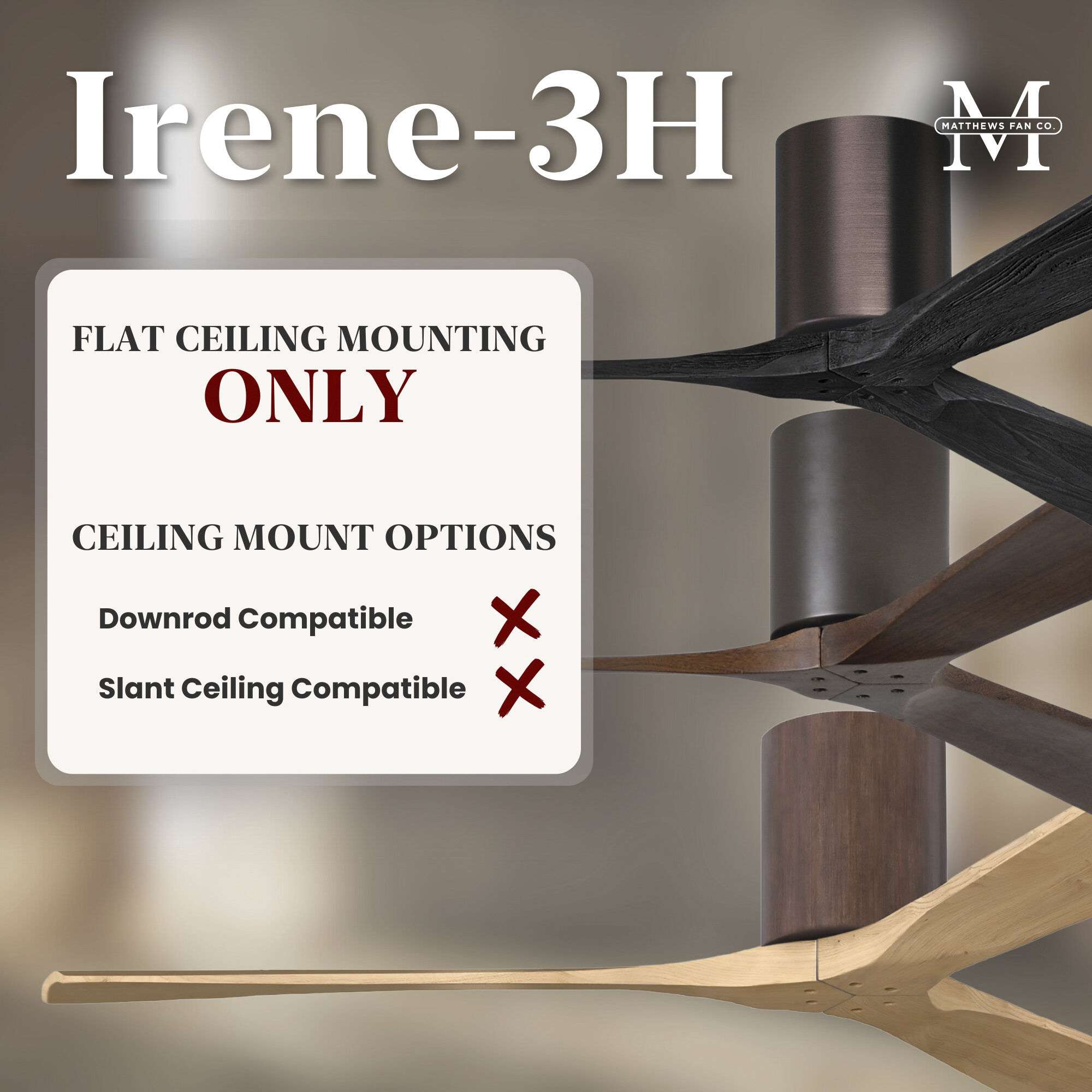 Atlas Irene-3H 60 inch Brushed Nickel with Walnut Tone Blades Flush Mount Paddle Fan, Flush Mounted