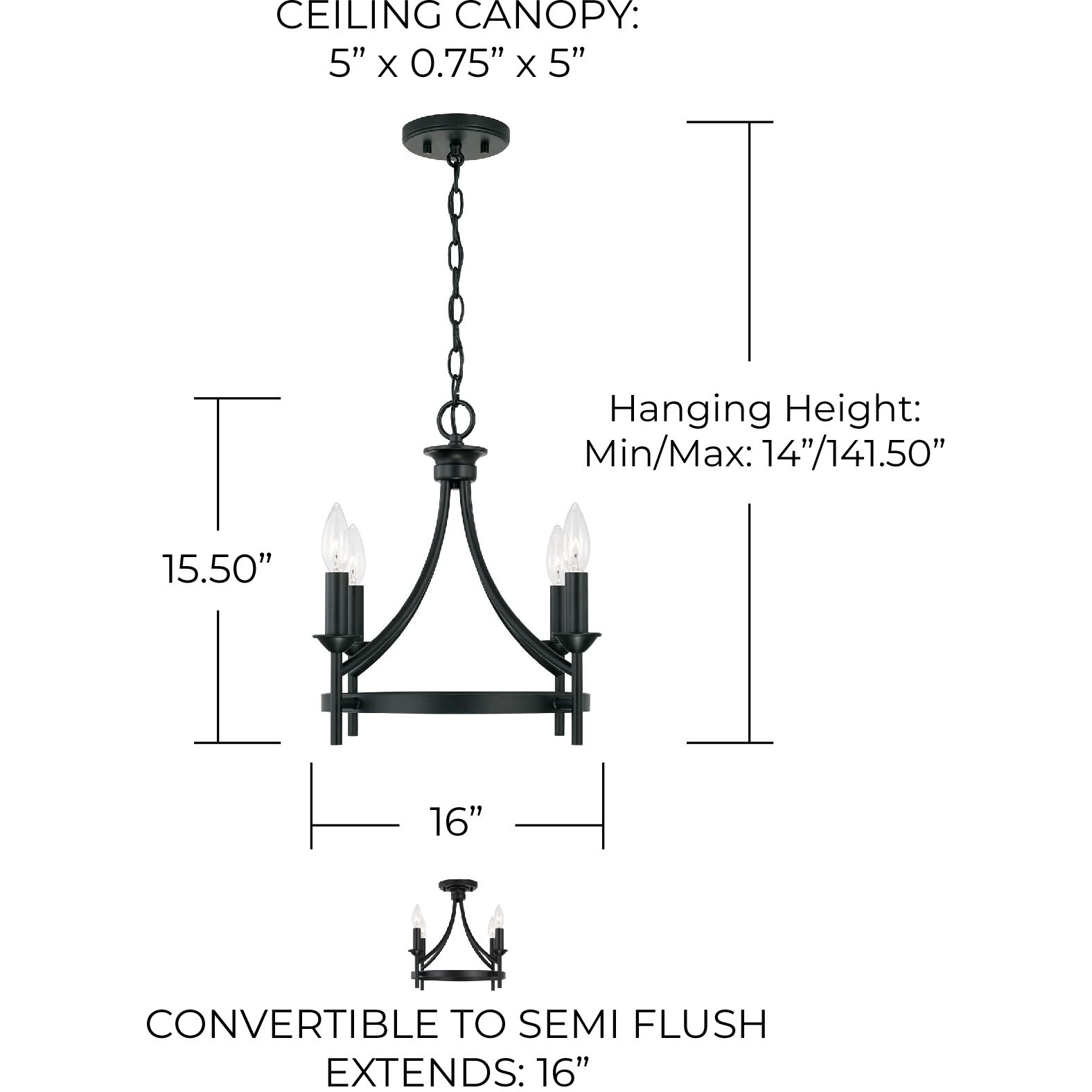 Peyton 4 Light 16 inch Matte Black Semi-Flush Mount Ceiling Light, Convertible Dual Mount
