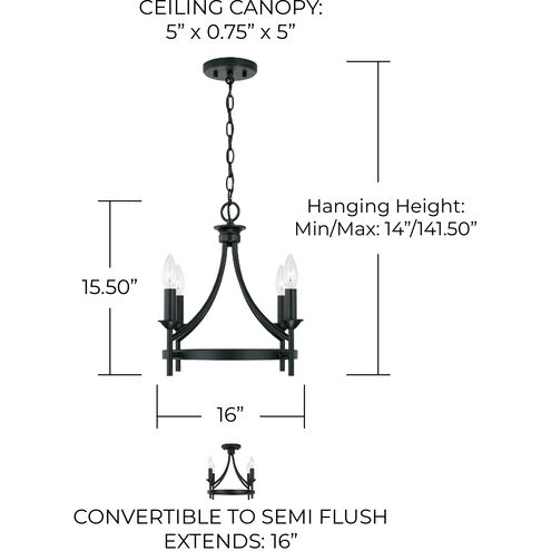 Peyton 4 Light 16 inch Matte Black Semi-Flush Mount Ceiling Light, Convertible Dual Mount
