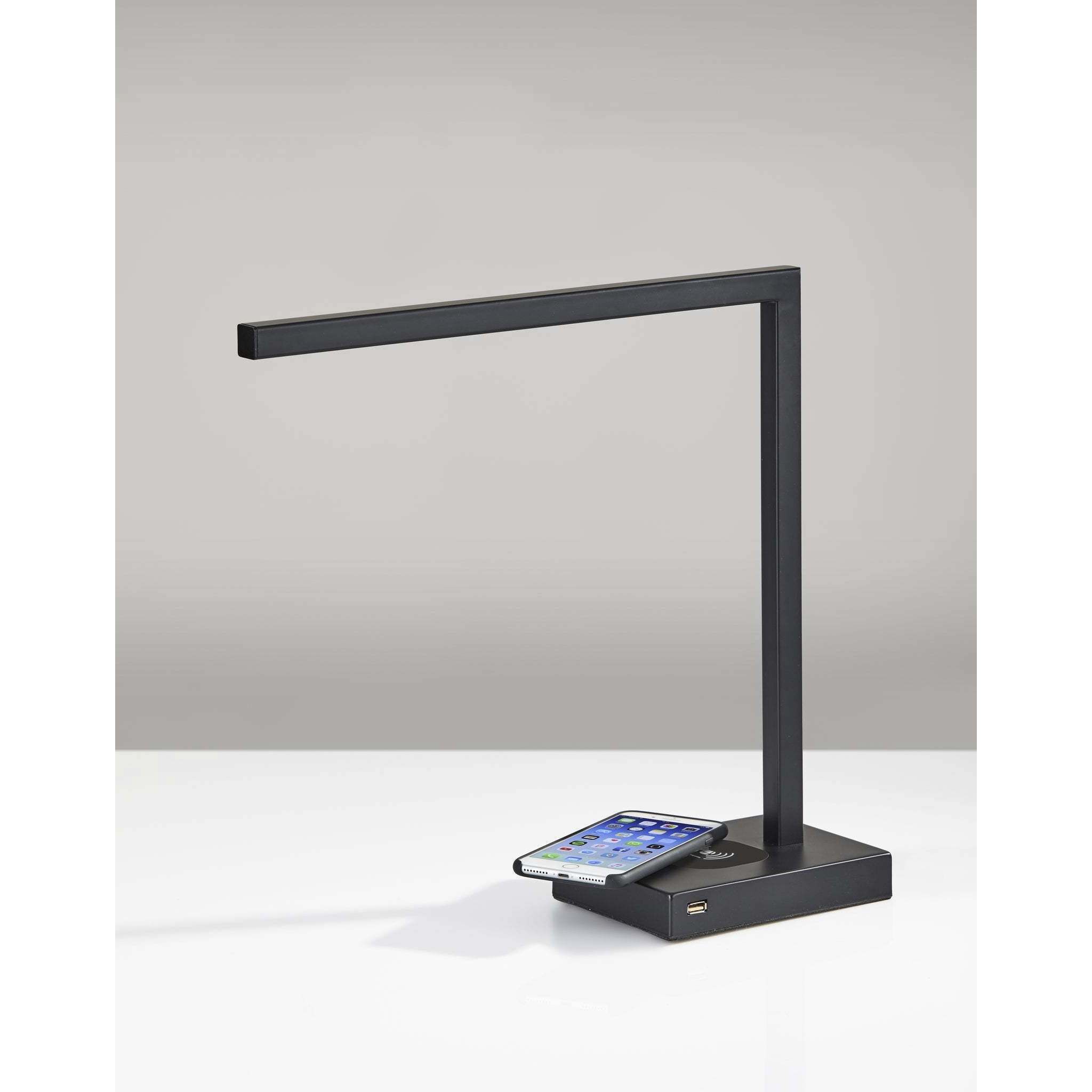 Aidan 16 inch 6.00 watt Matte Black Desk Lamp Portable Light, with AdessoCharge Wireless Charging Pad and USB Port