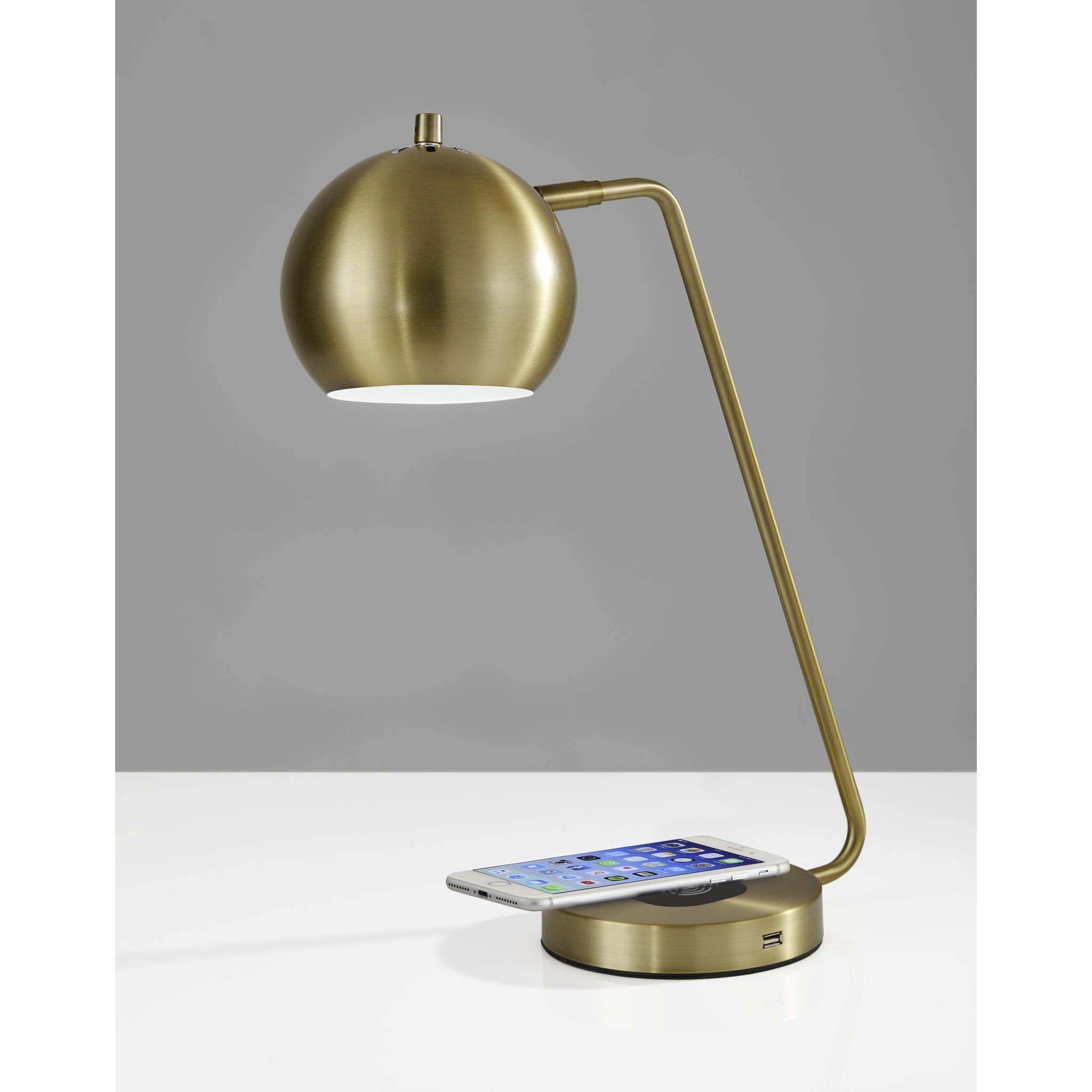Emerson 18 inch 60.00 watt Antique Brass Desk Lamp Portable Light, with AdessoCharge Wireless Charging Pad and USB Port