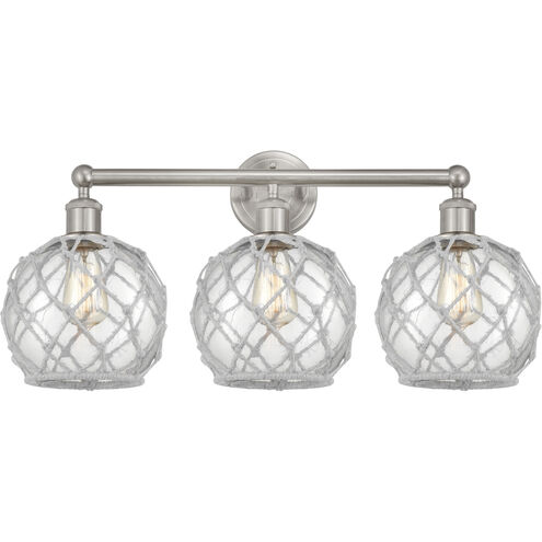 Edison Farmhouse Rope 3 Light 26 inch Brushed Satin Nickel Bath Vanity Light Wall Light in Clear Glass with White Rope