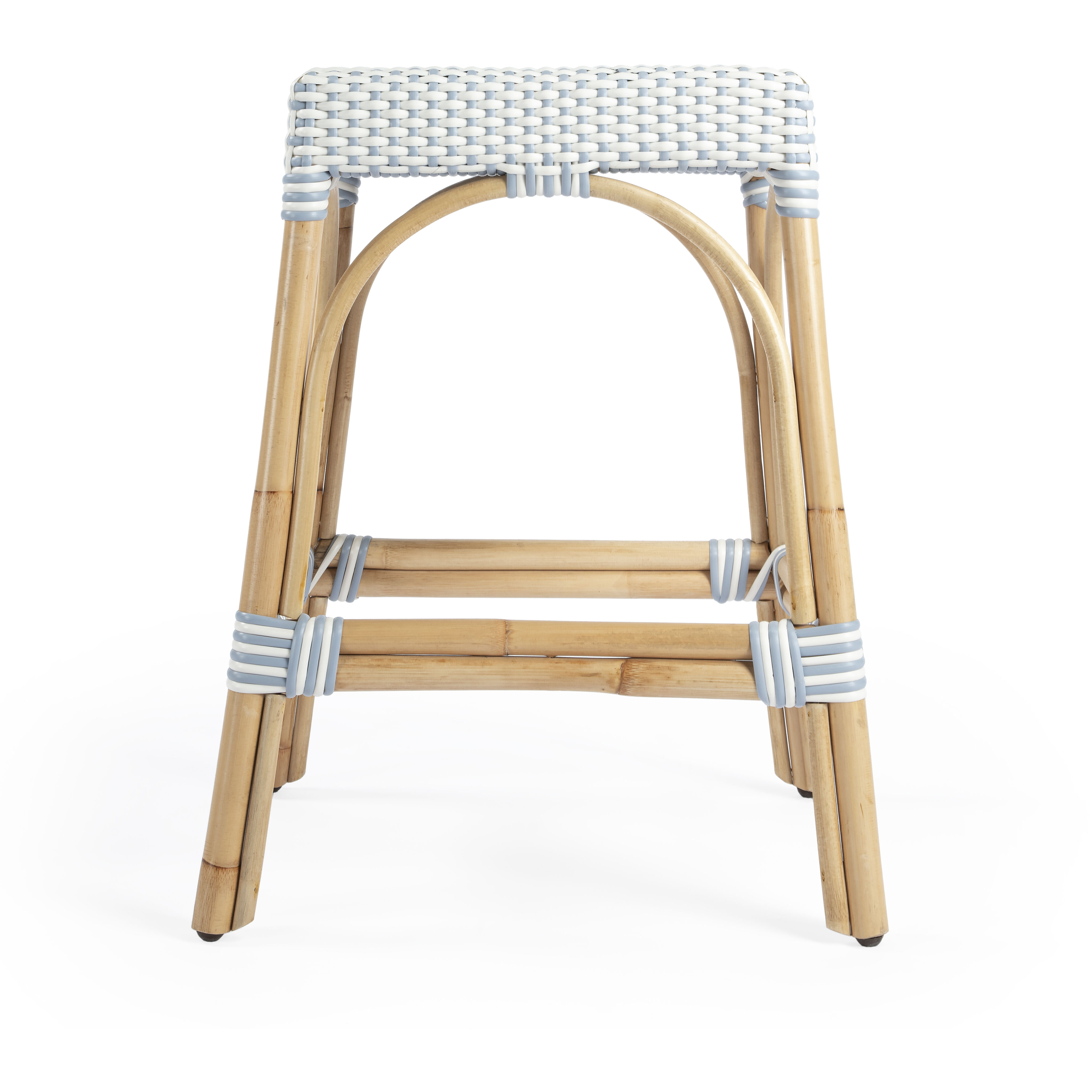 Robias Rectangular Rattan 24.5" Counter Stool in White and Sky Blue Dot