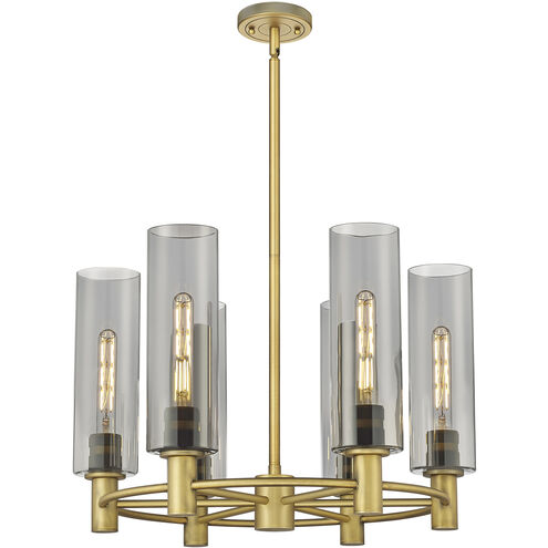 Crown Point 6 Light 24 inch Brushed Brass Chandelier Ceiling Light in Plated Smoke Glass