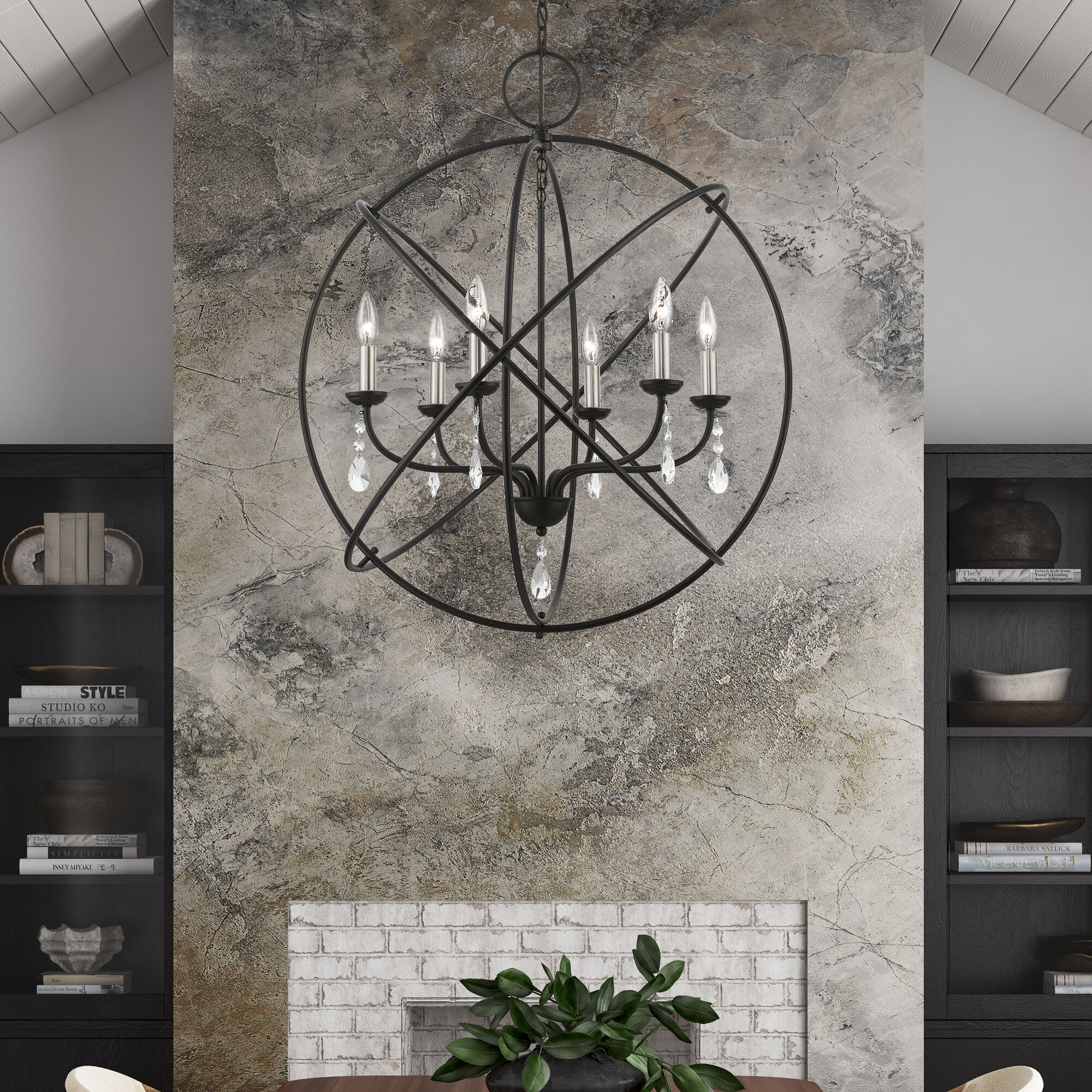 Aria 6 Light 28 inch Black with Brushed Nickel Finish Candles Pendant Chandelier Ceiling Light, Globe