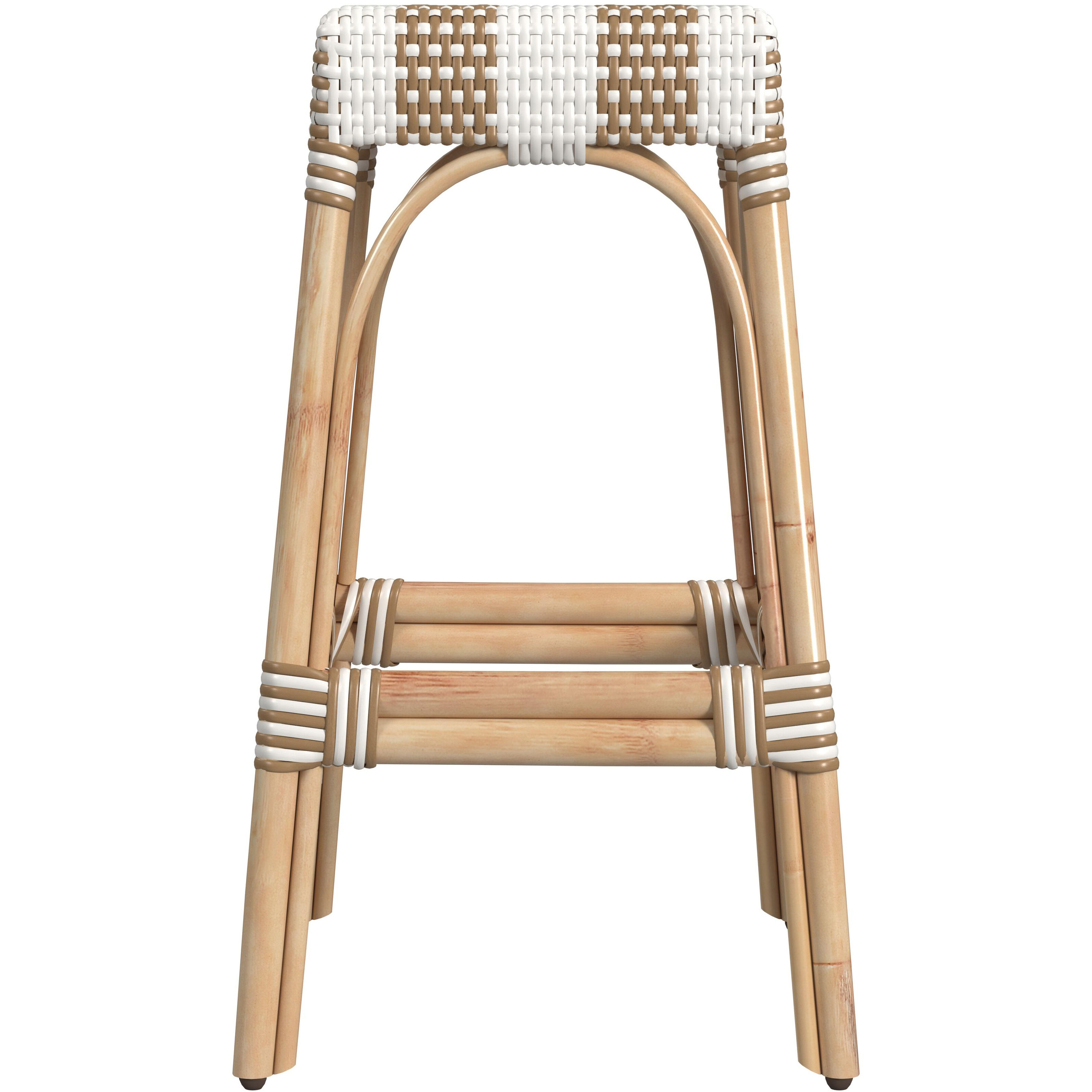 Robias Rectangular Rattan 30" Bar Stool in Tan and White Stripe