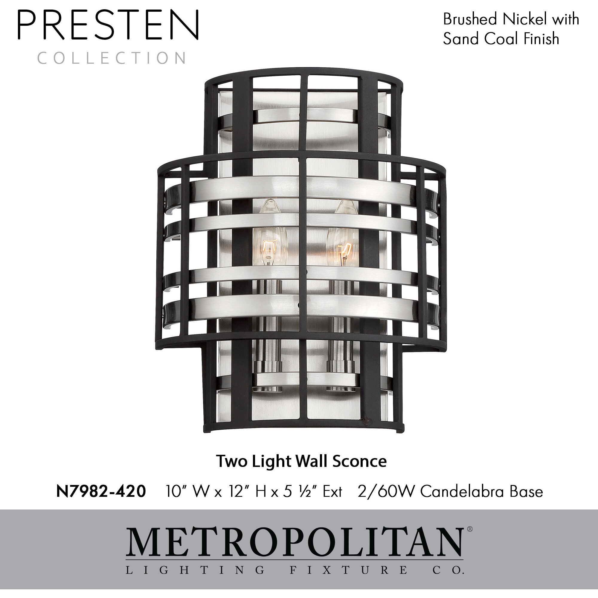 Presten 2 Light 10 inch Brushed Nickel with Sand Coal Wall Sconce Wall Light