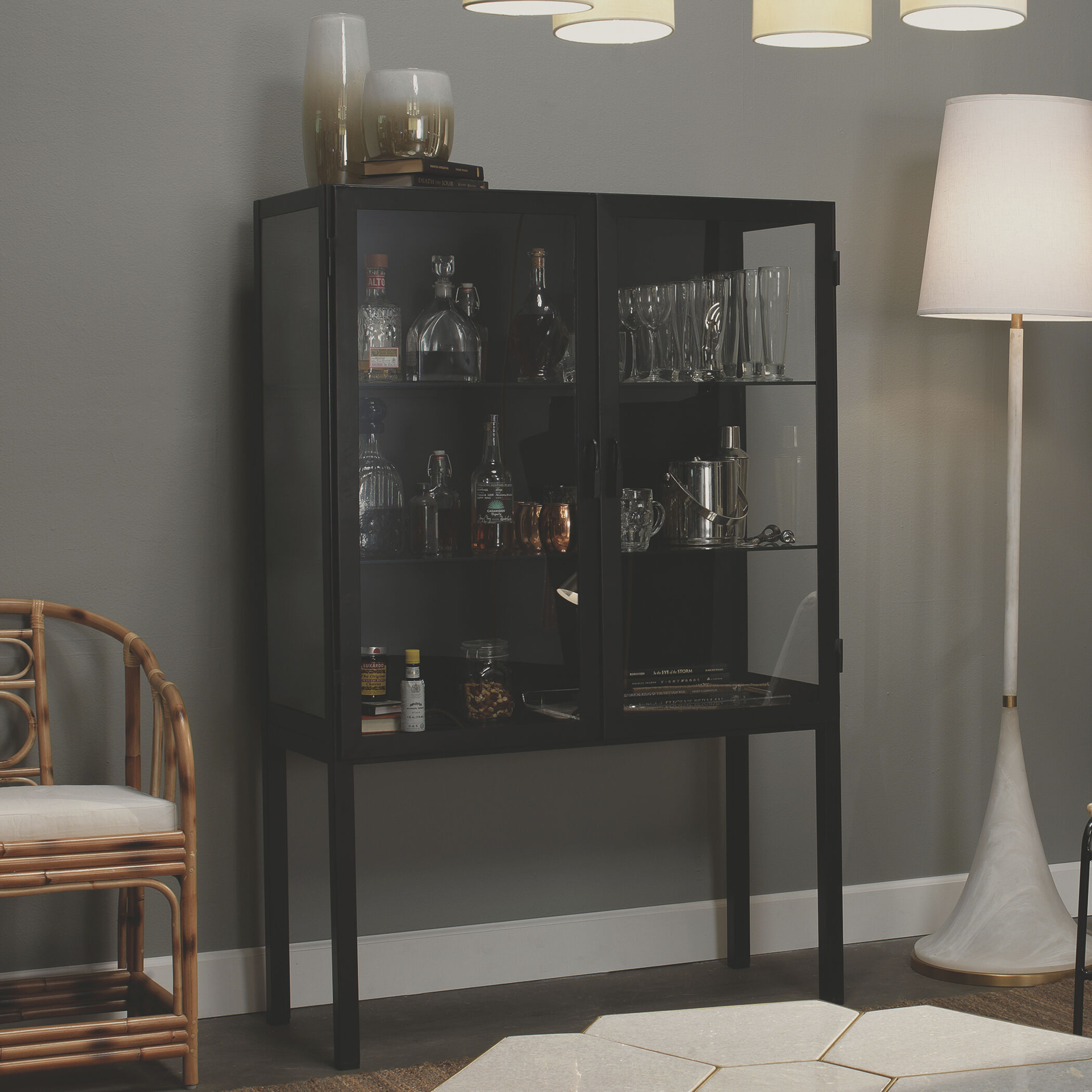 Chauncey Wide Black Iron & Clear Glass Curio Bar Cabinet