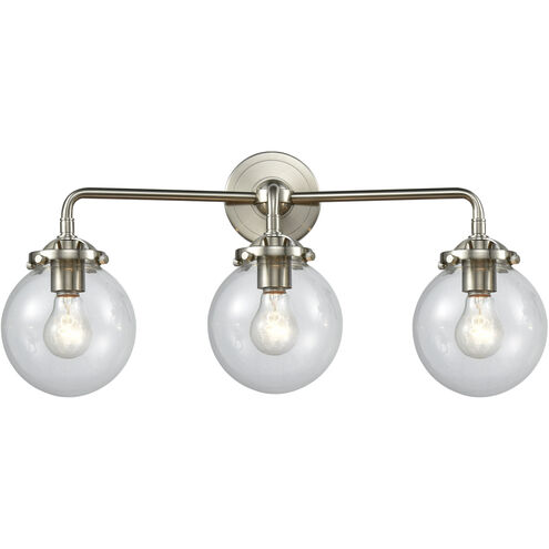 Nouveau Beacon 3 Light 24 inch Brushed Satin Nickel Bath Vanity Light Wall Light in Clear Glass, Nouveau